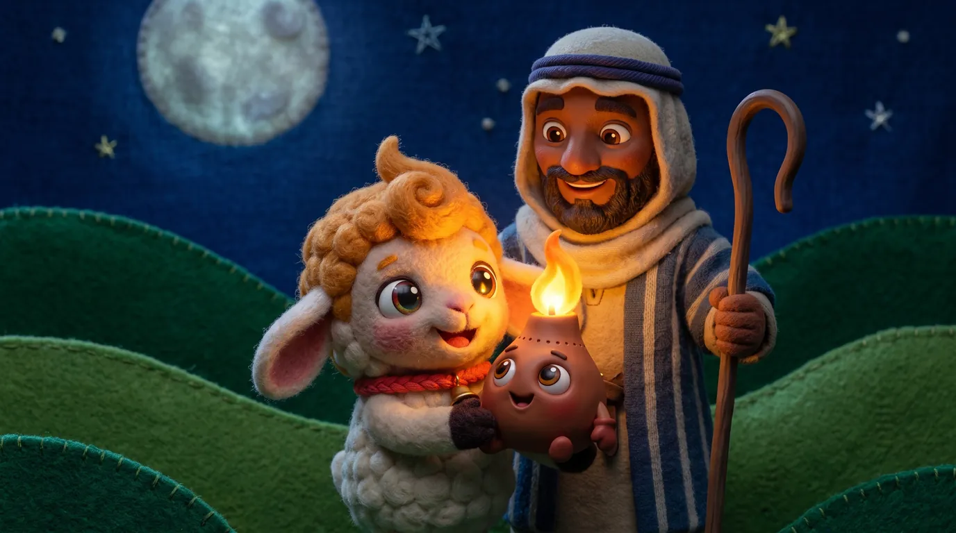 Mimi the lamb holding Lumi the lamp beside the smiling shepherd under a moonlit felt sky