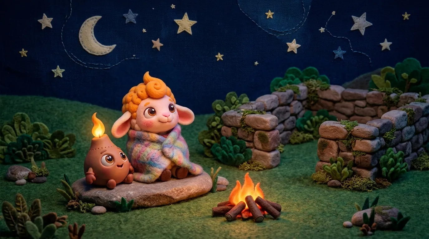 Mimi wrapped in a blanket next to Lumi, safe by a campfire under the stars