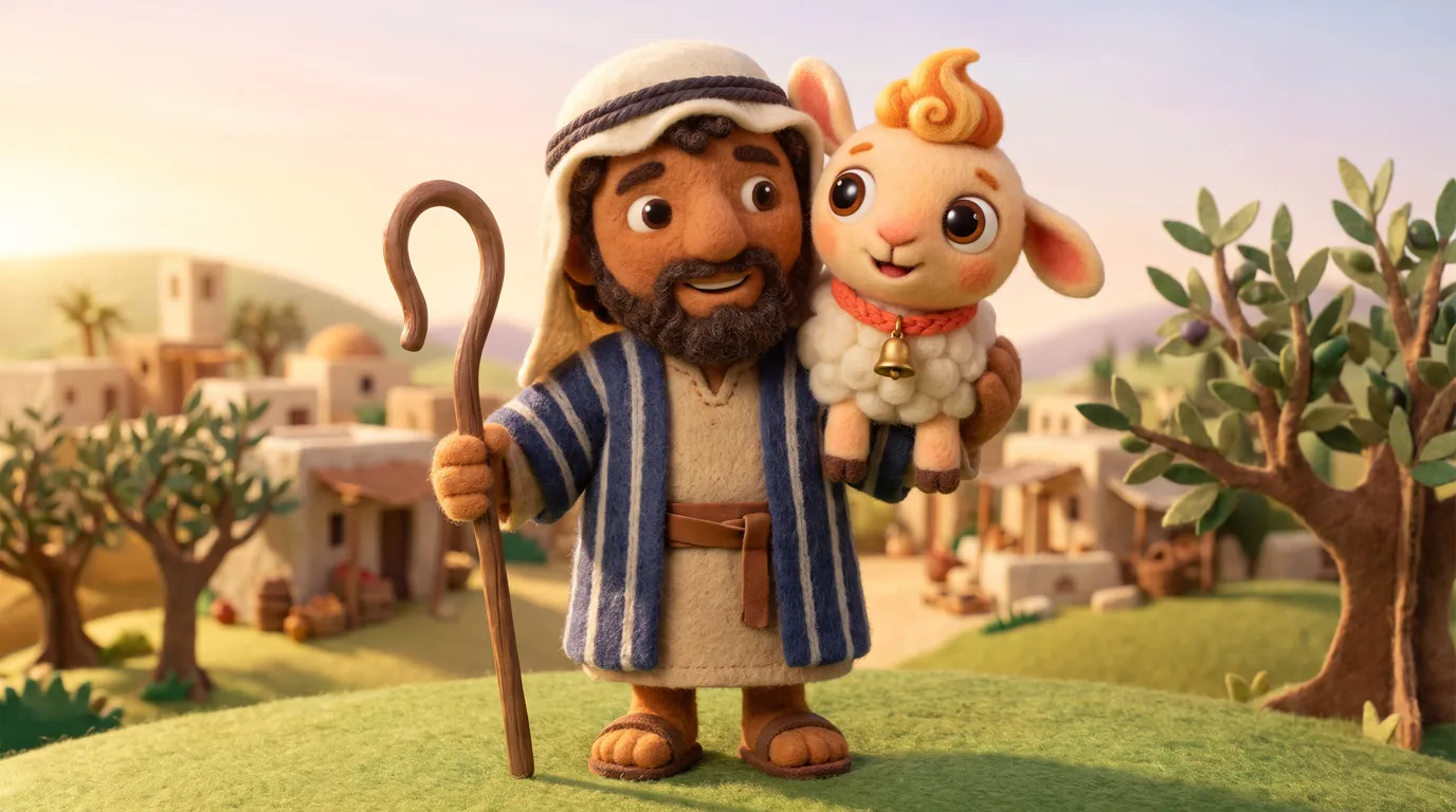 The shepherd carrying Mimi the lamb on his shoulders through a sunny village